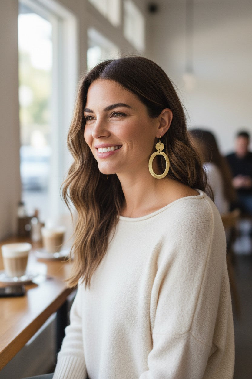 Brushed Gold Oval Pendant Earrings