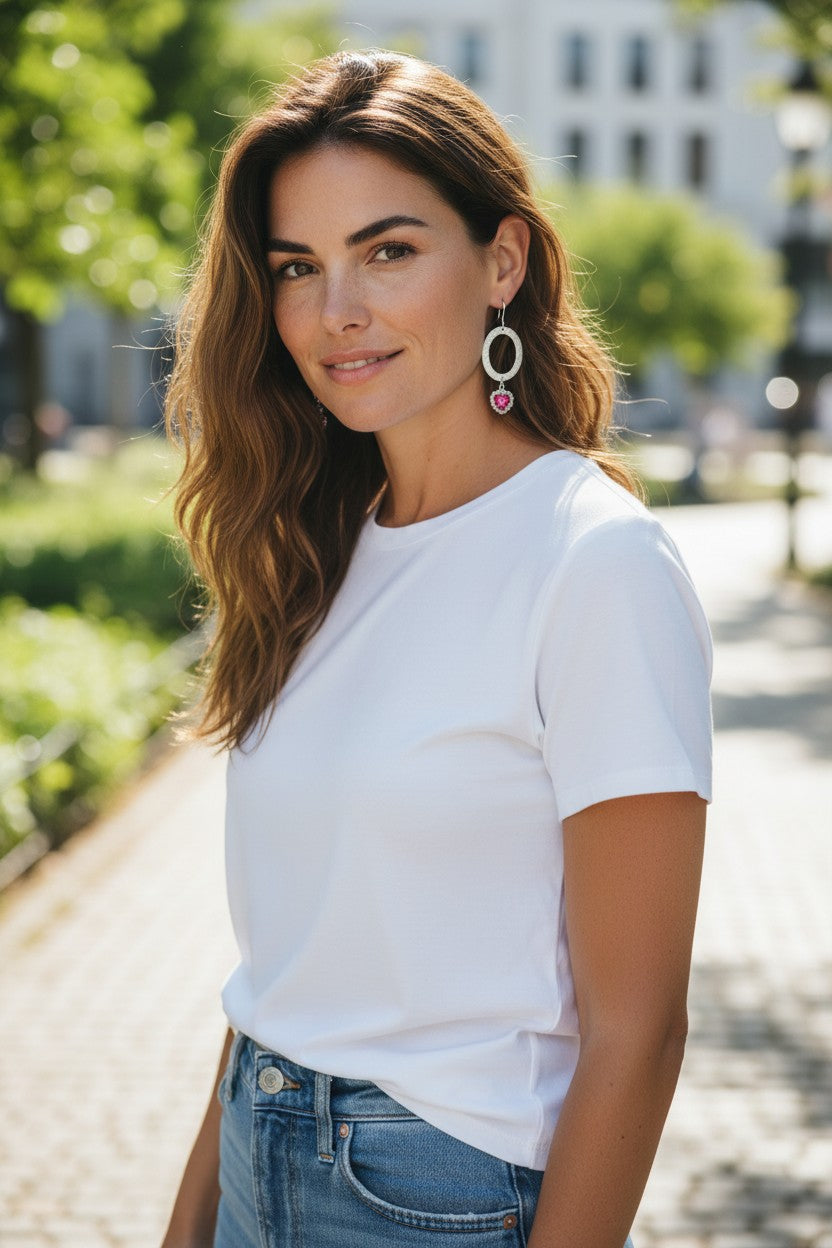 Brushed Silver Oval & Rhinestone Drop Earrings