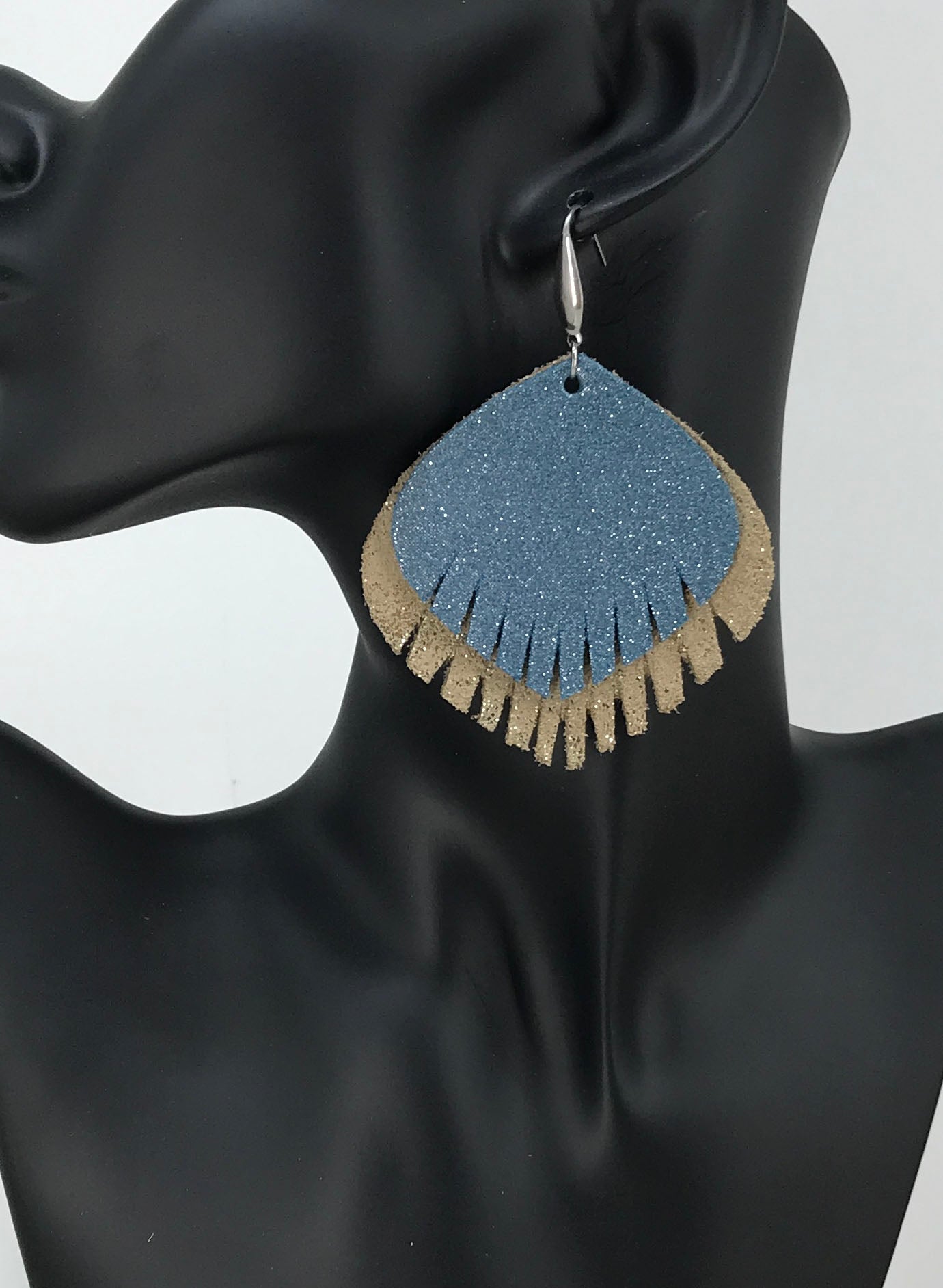 Platinum and Blue Genuine Leather Earrings - E19-526