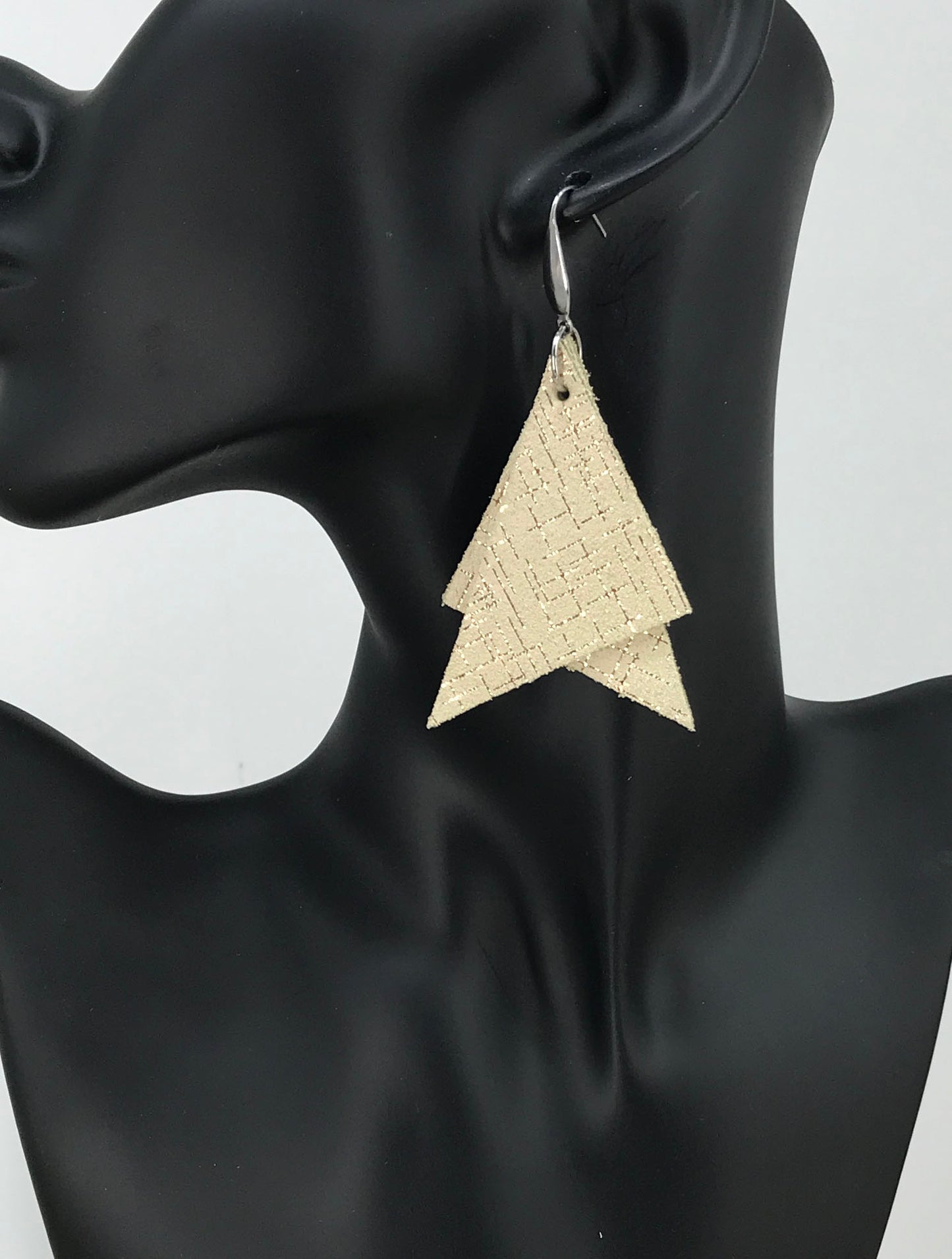 Vanilla Cream Metallic Abstract Layered Triangle Leather Earrings