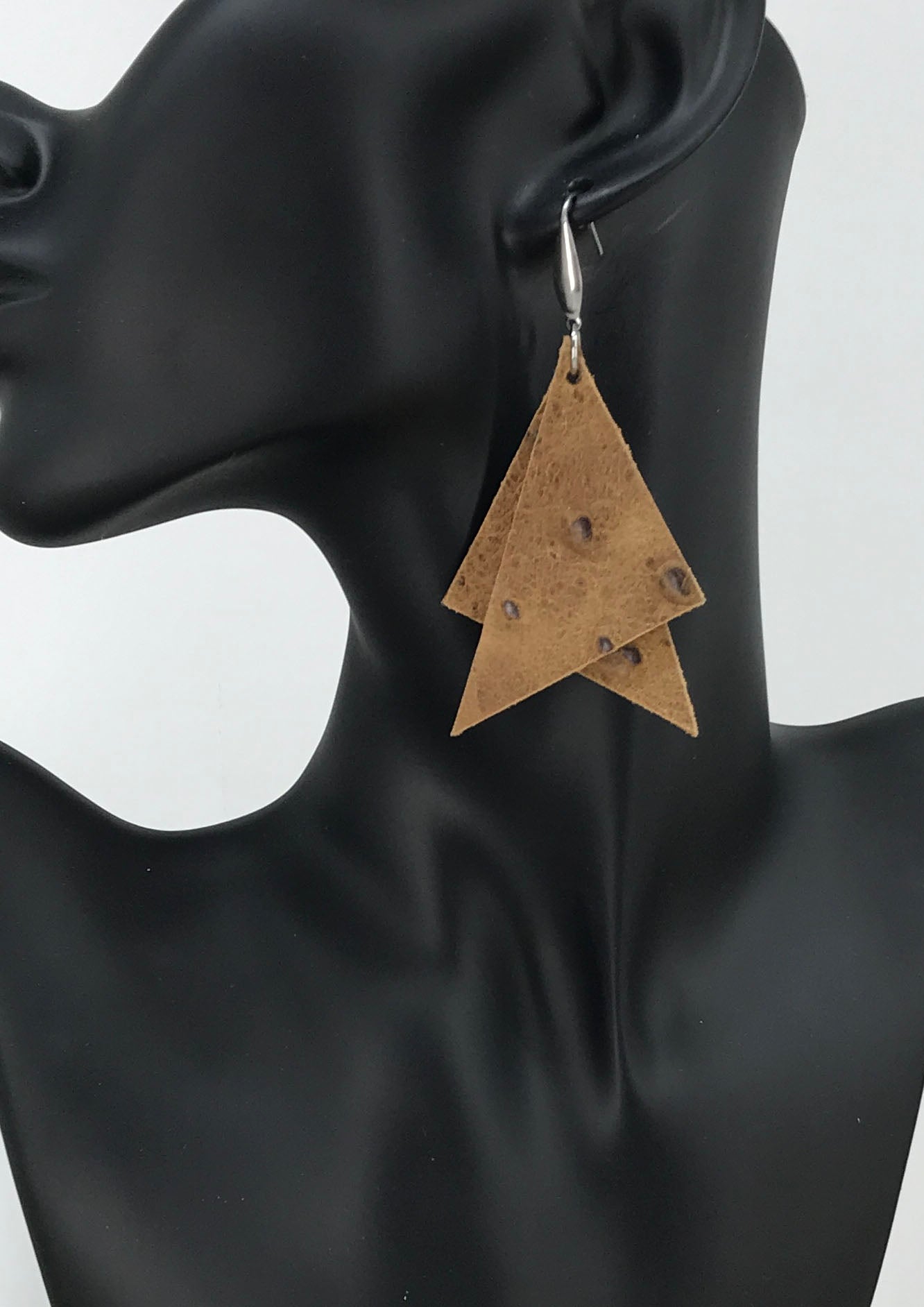 Pecan Rustic Ostrich Layered Triangle Leather Earrings