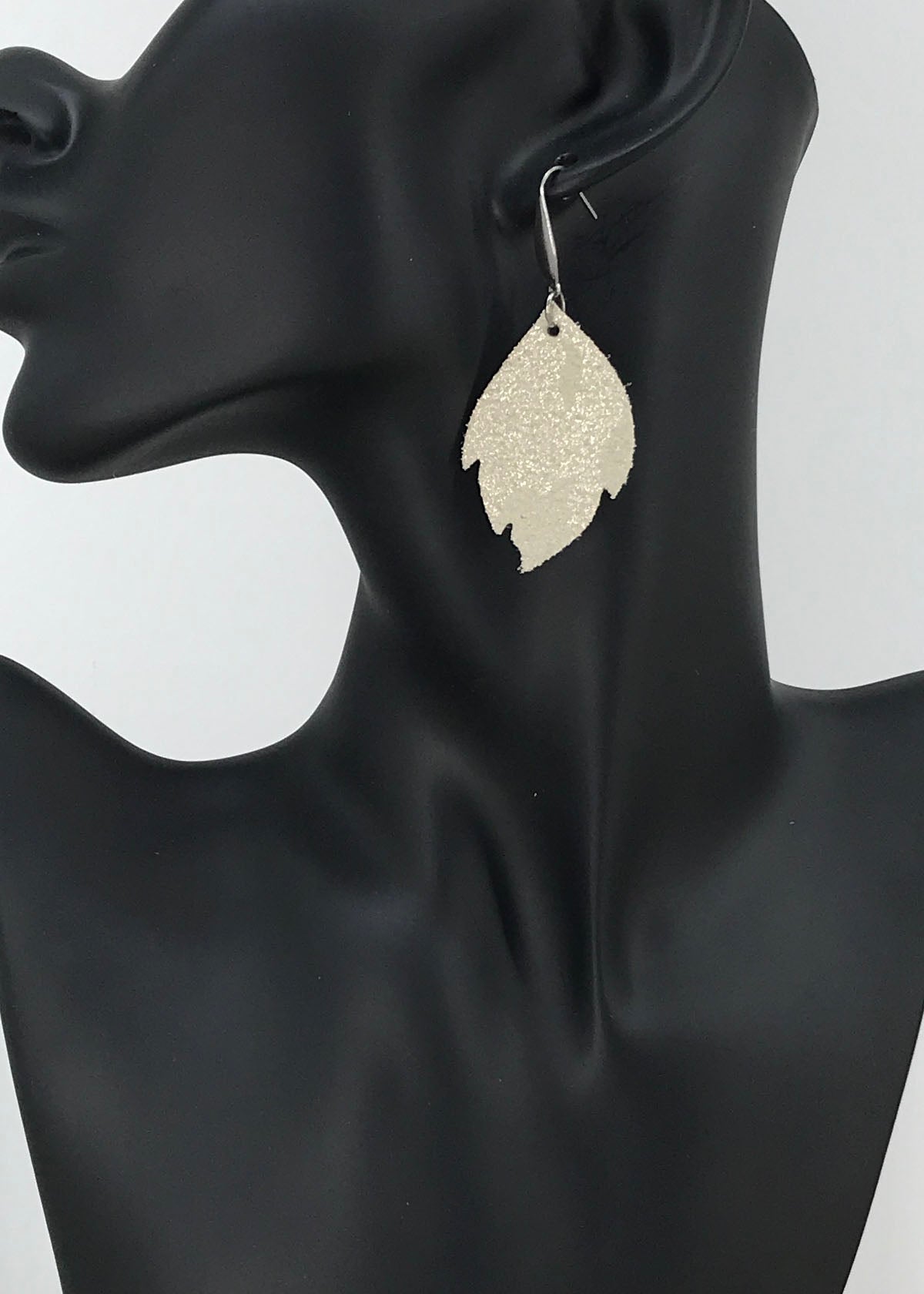 Gold Beige Metallic Camo Scalloped Leaf Leather Earrings