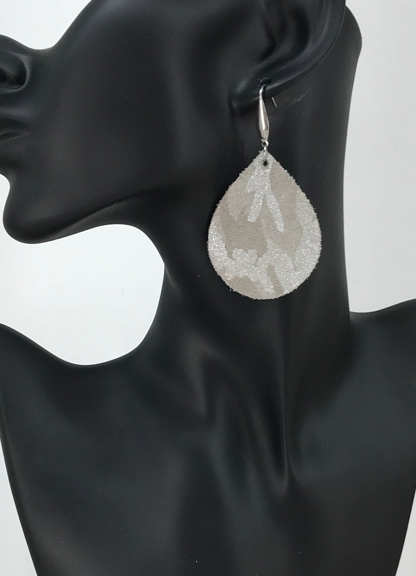 Silver on Gray Metallic Camo Leather Earrings - E19-708