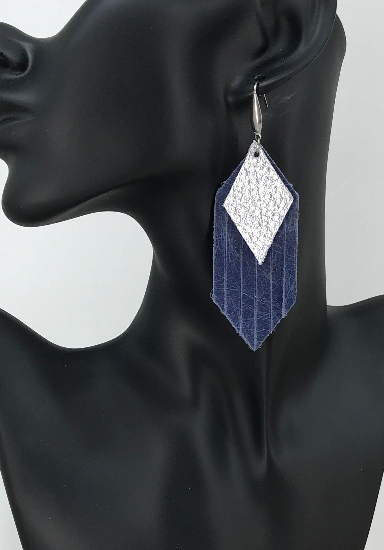 Blue and Silver Genuine Leather Frayed Earrings - E19-711