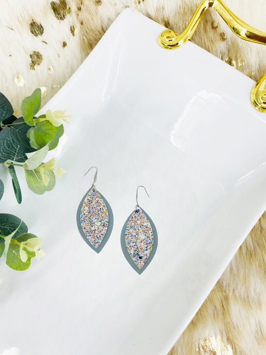 Neutral Gray Genuine Leather and Chunky Glitter Earrings - E19-725