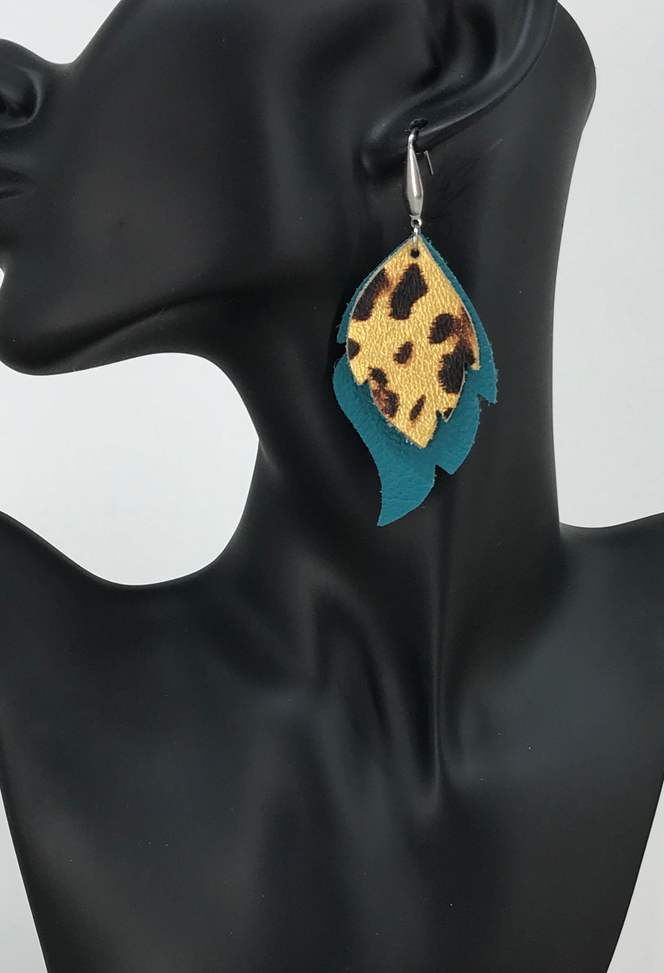 Dark Turquoise and Gold Metallic Banana Leopard Leather Earrings - E19-731