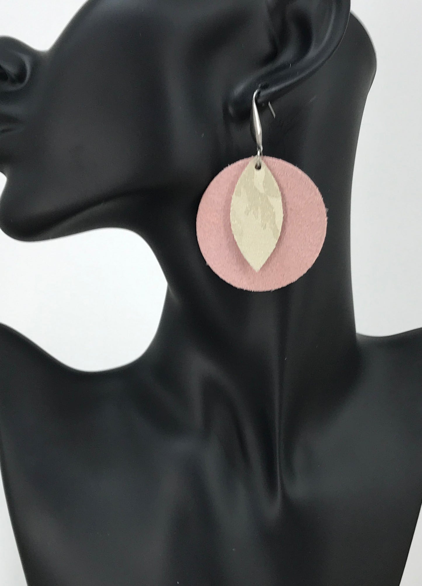 Pink Blush and Beige Metallic Layered Circle Leather Earrings
