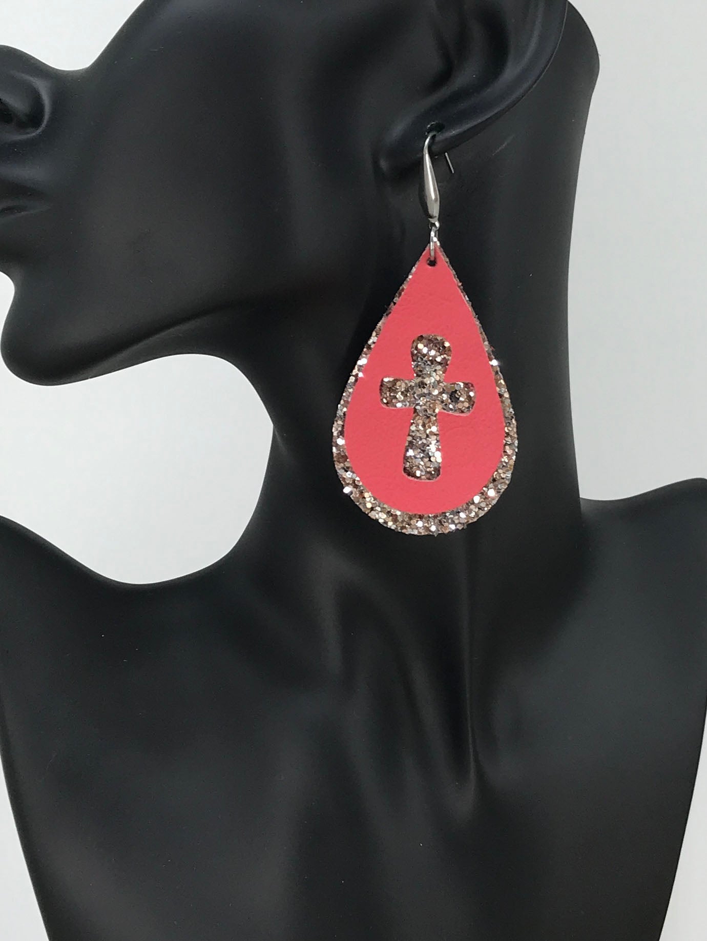 Coral Genuine Leather and Chunky Glitter Cross Earrings - E19-752