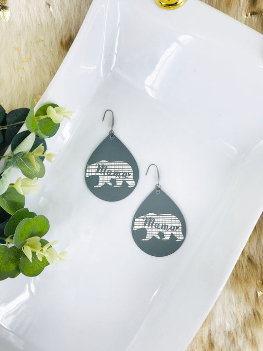Genuine Gray Leather "Mama Bear" Earrings - E19-775