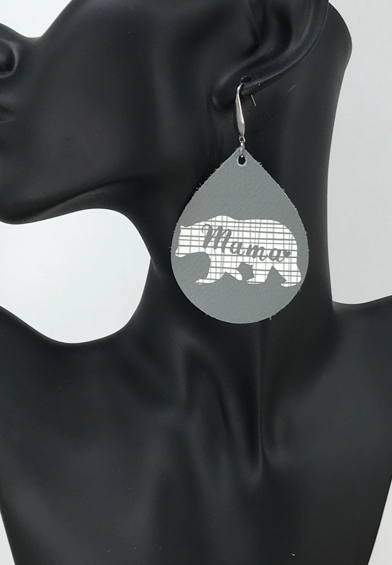 Genuine Gray Leather "Mama Bear" Earrings - E19-775