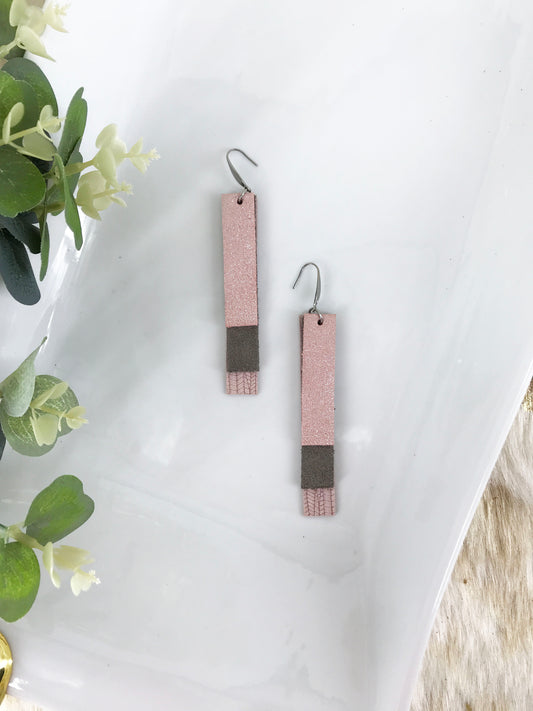 Genuine Pink and Gray Layered Leather Earrings - E19-785