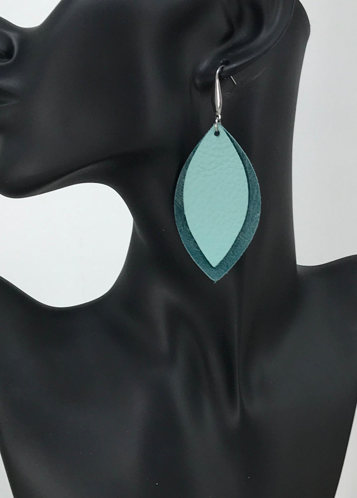 Two-Tone Turquoise Layered Leaf Leather Earrings
