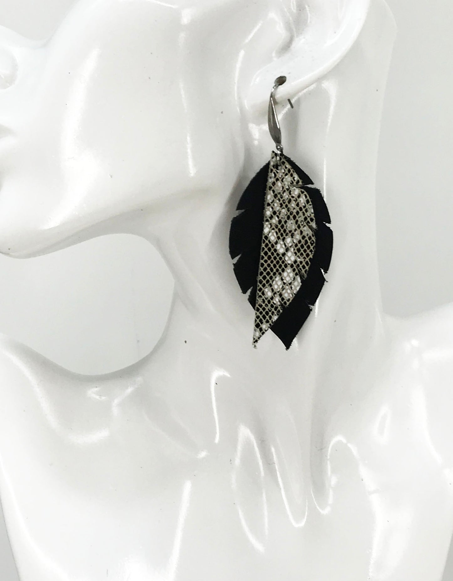 Genuine Black and Water Snake Leather Earrings - E19-814