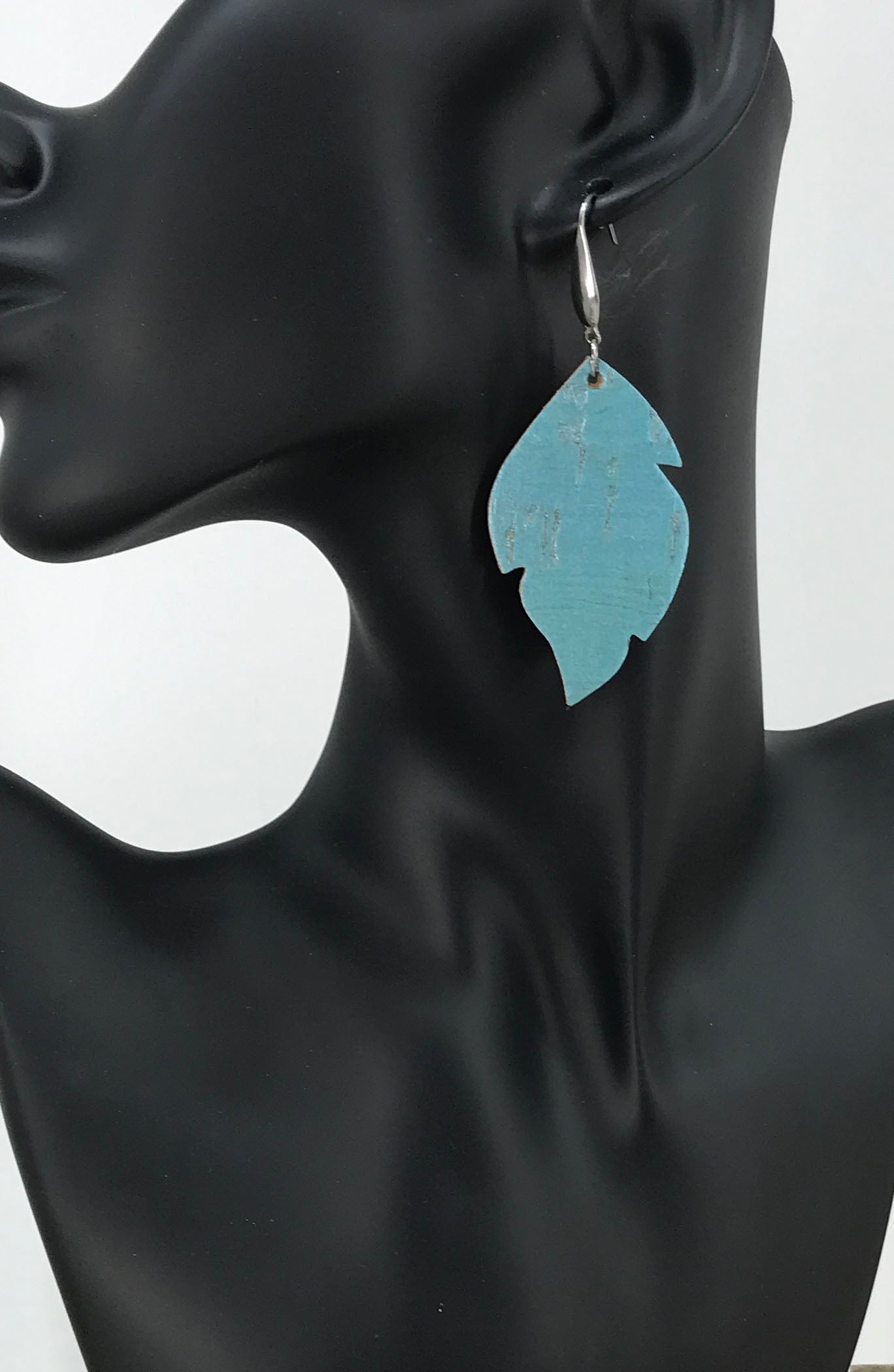 Pearlized Turquoise Cork Leaf Leather Earrings