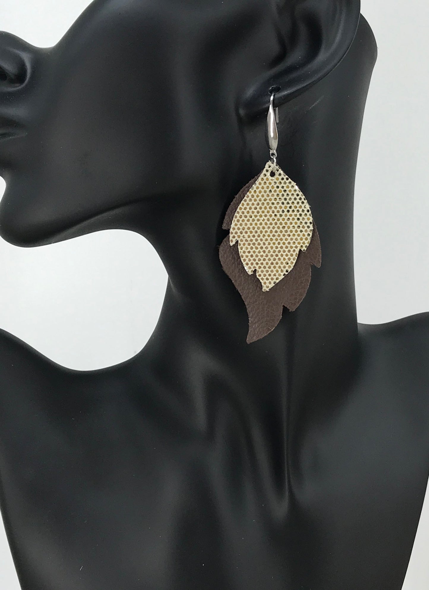 Brown and Metallic Gold Genuine Leather Earrings - E19-837