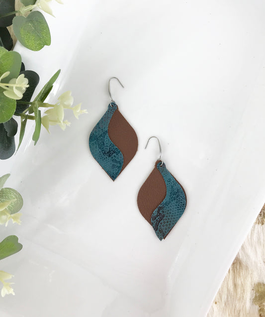 Genuine Brown Leather and Turquoise Snake Leather Earrings - E19-844