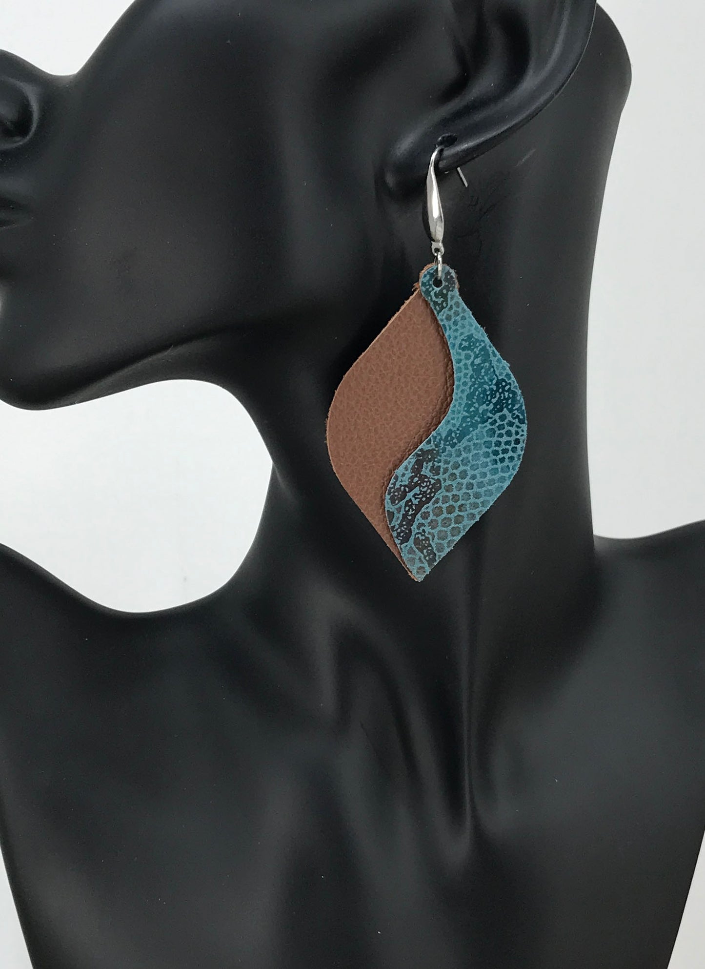 Genuine Brown Leather and Turquoise Snake Leather Earrings - E19-844
