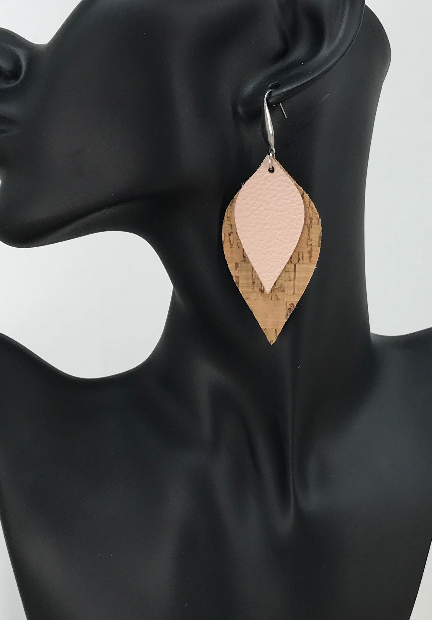 Flesh Pink and Cork Layered Leaf Leather Earrings