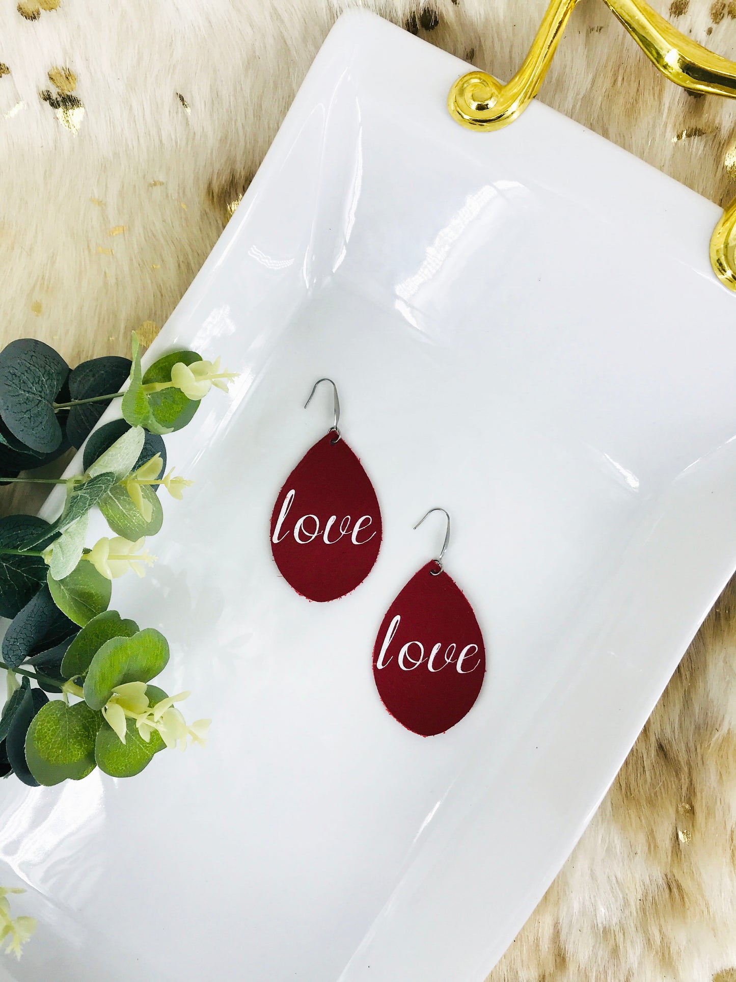 Genuine Red Leather "Love" Earrings - E19-851