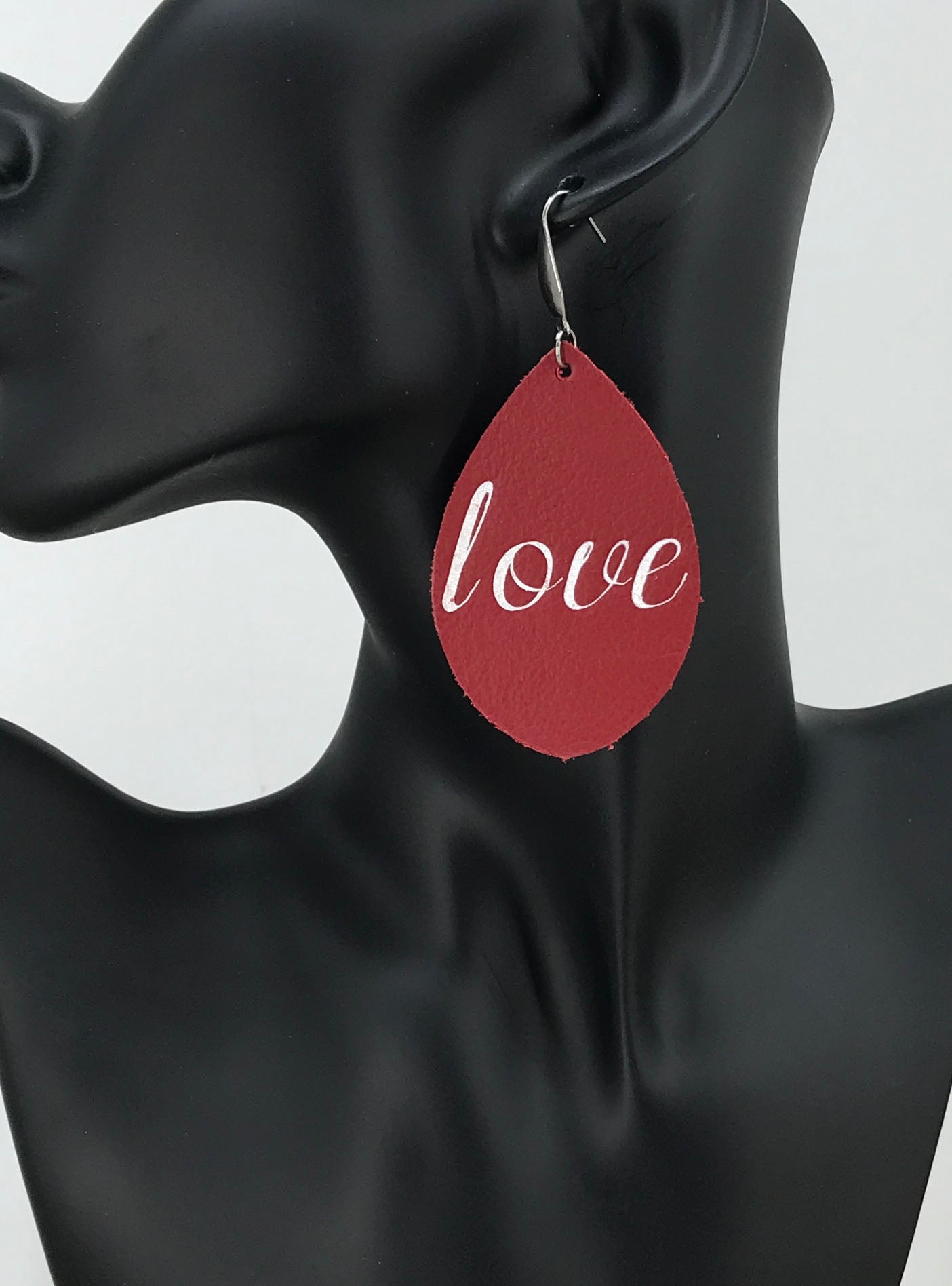 Genuine Red Leather "Love" Earrings - E19-851
