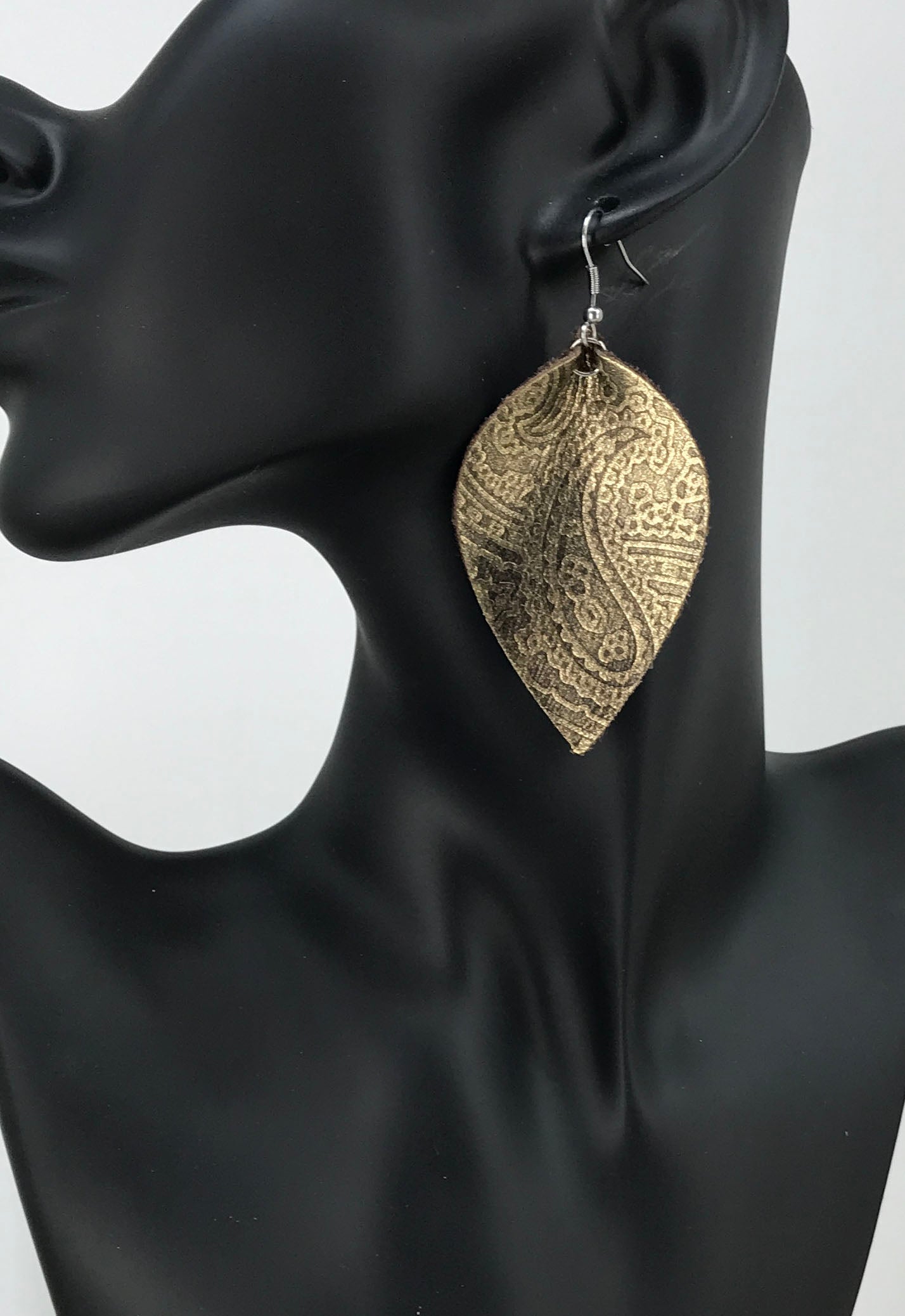 Antique Gold Floral Leaf Leather Earrings