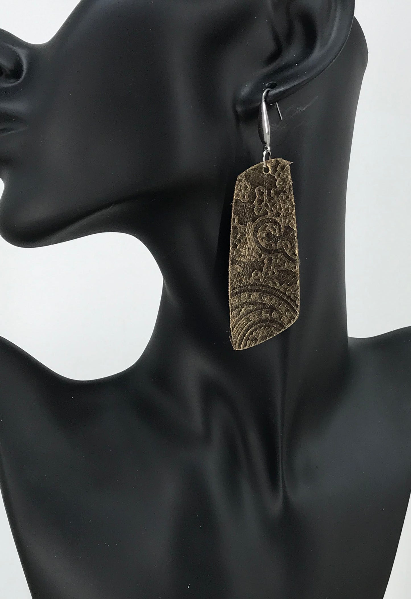 Antique Gold Floral Embossed Bar Leather Earrings