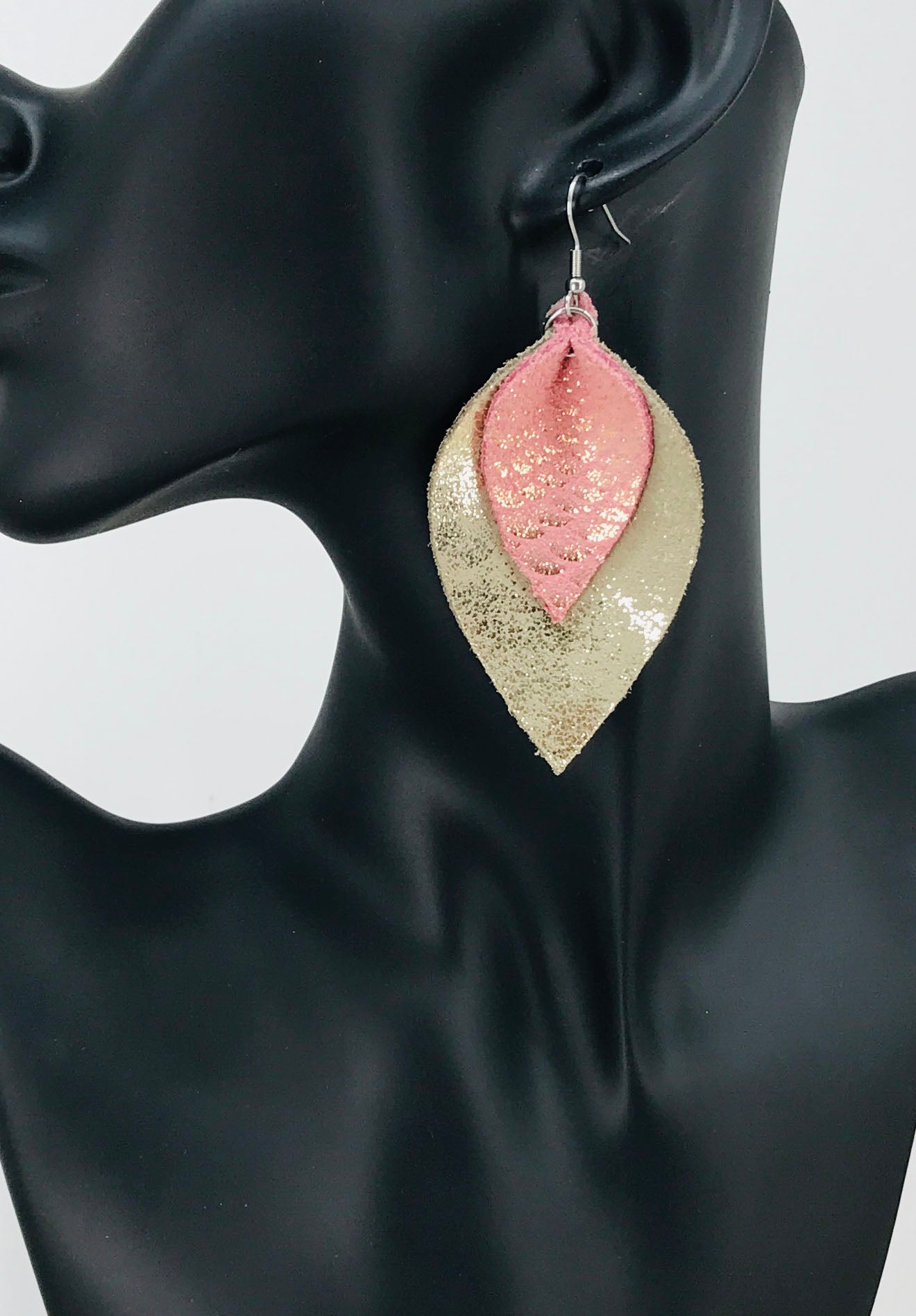 Rose Gold Dragon Layered Leaf Leather Earrings