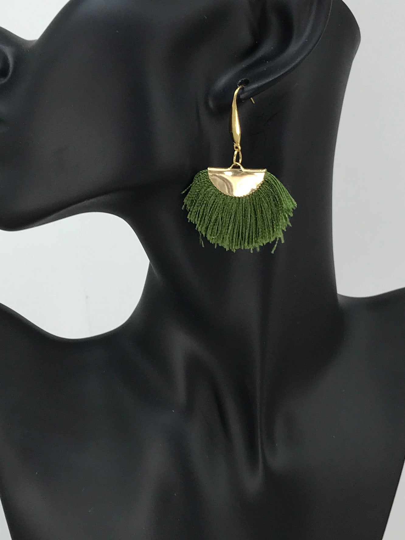 Olive Fan Shaped Tassel Earrings - E19-892