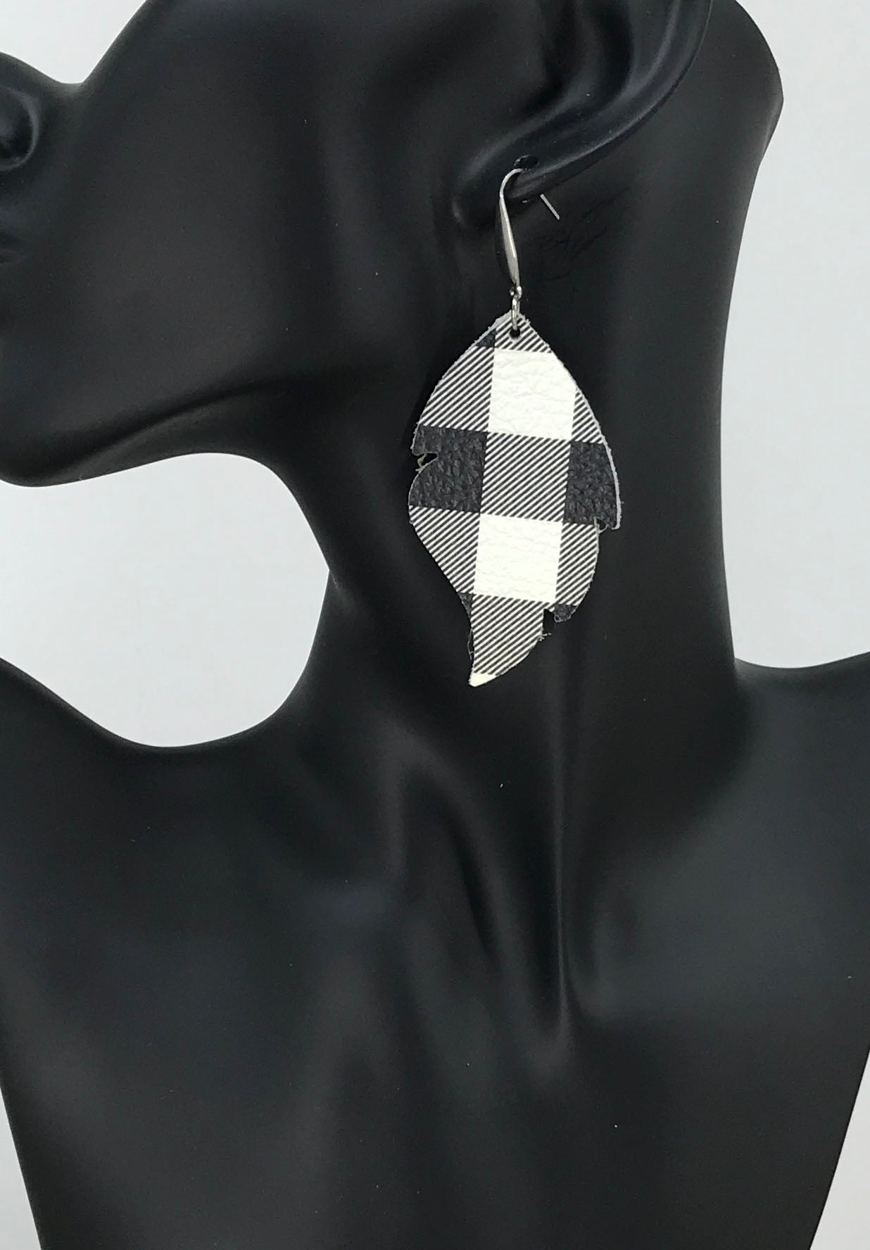 Black and White Buffalo Plaid Leaf Leather Earrings