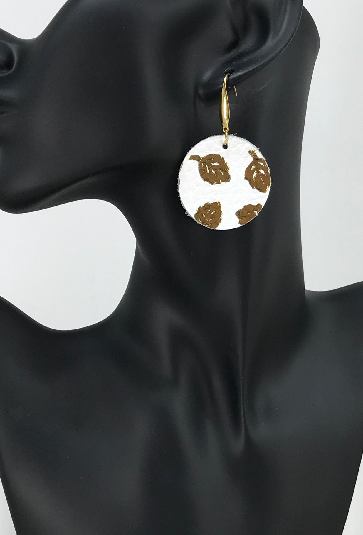 Gold Leaf White Round Leather Earrings