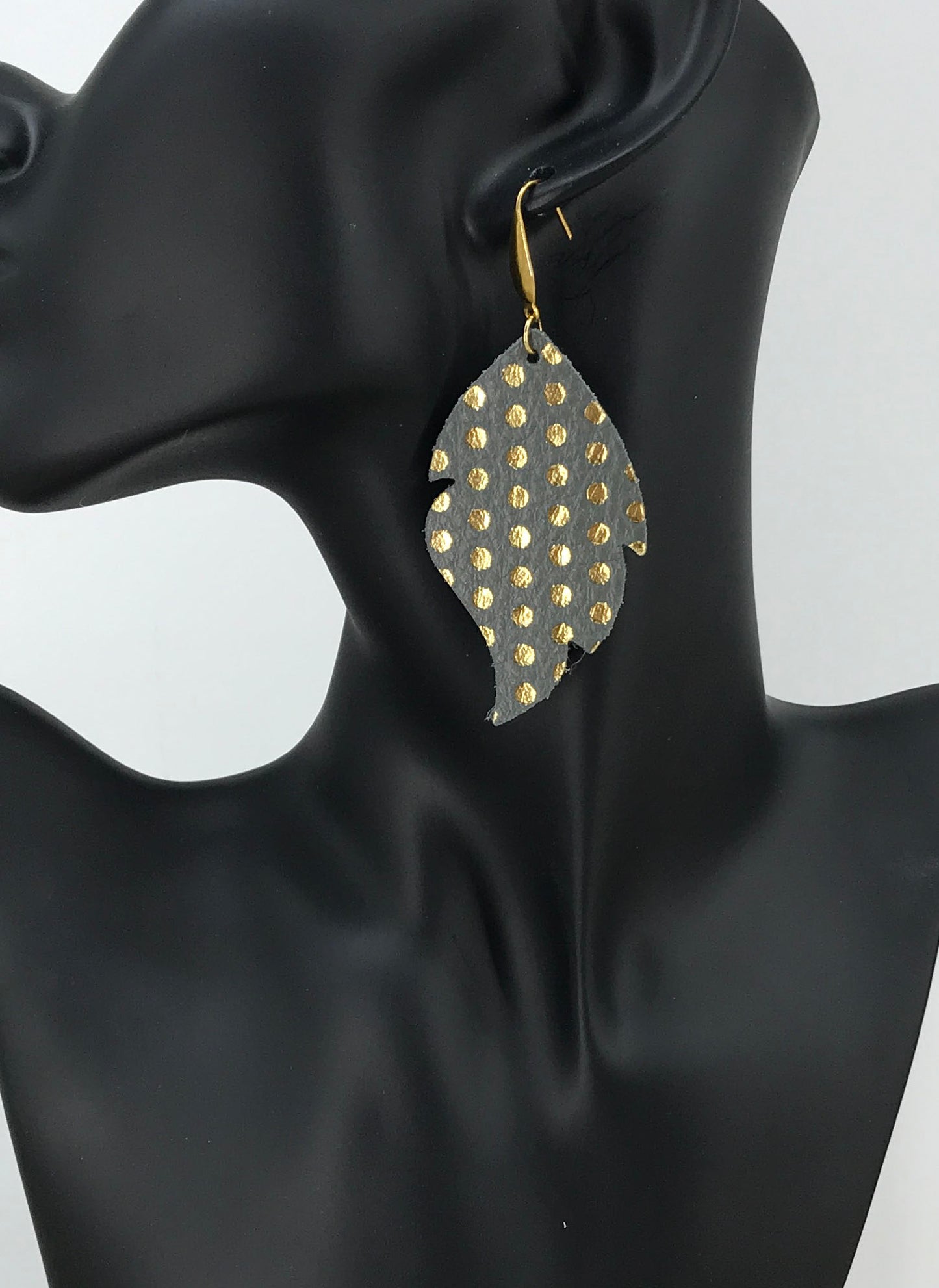 Metallic Grey and Gold Polka Dot Leather Earrings - E19-937