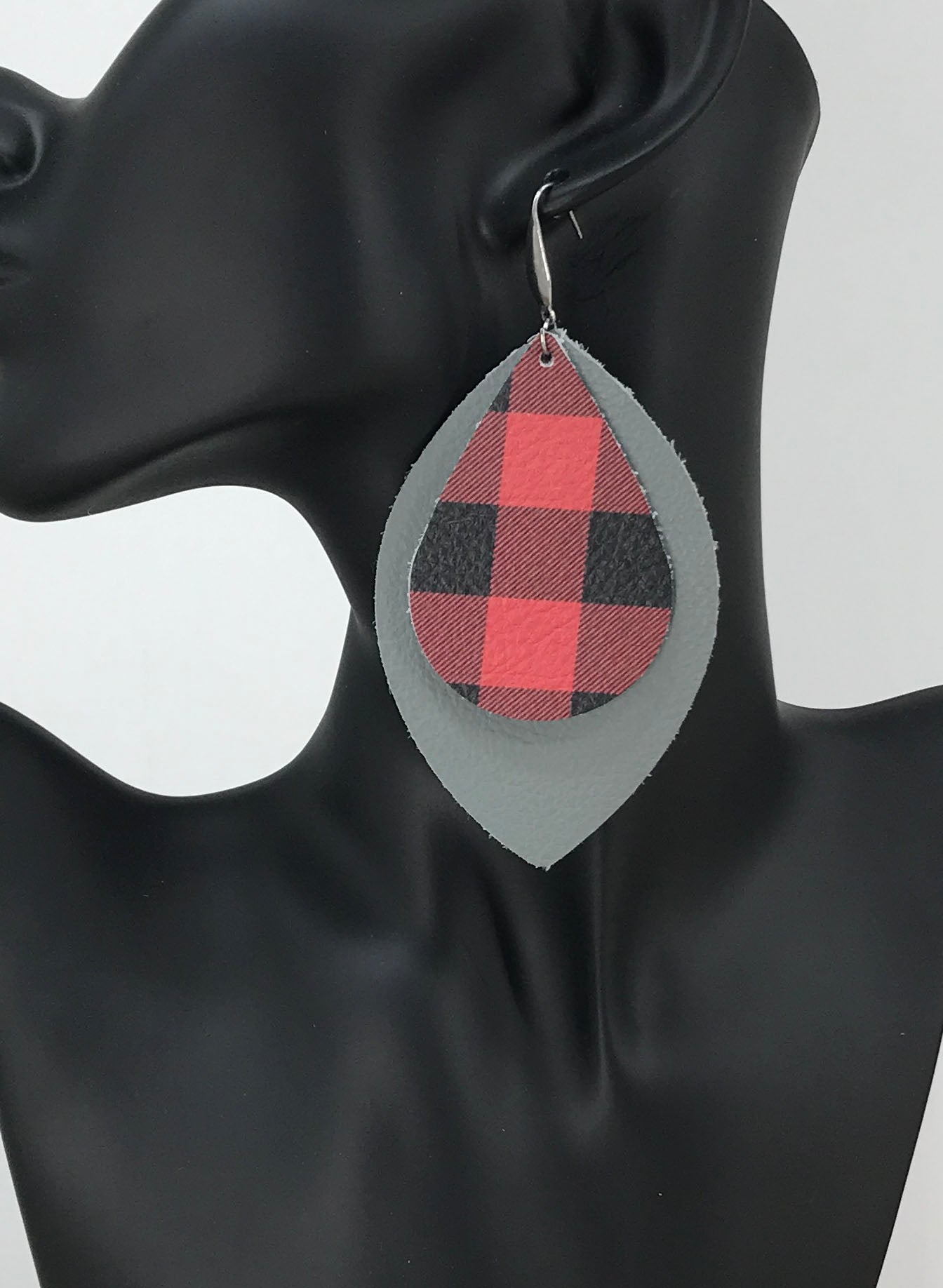Grey Buffalo Plaid Layered Leaf Leather Earrings