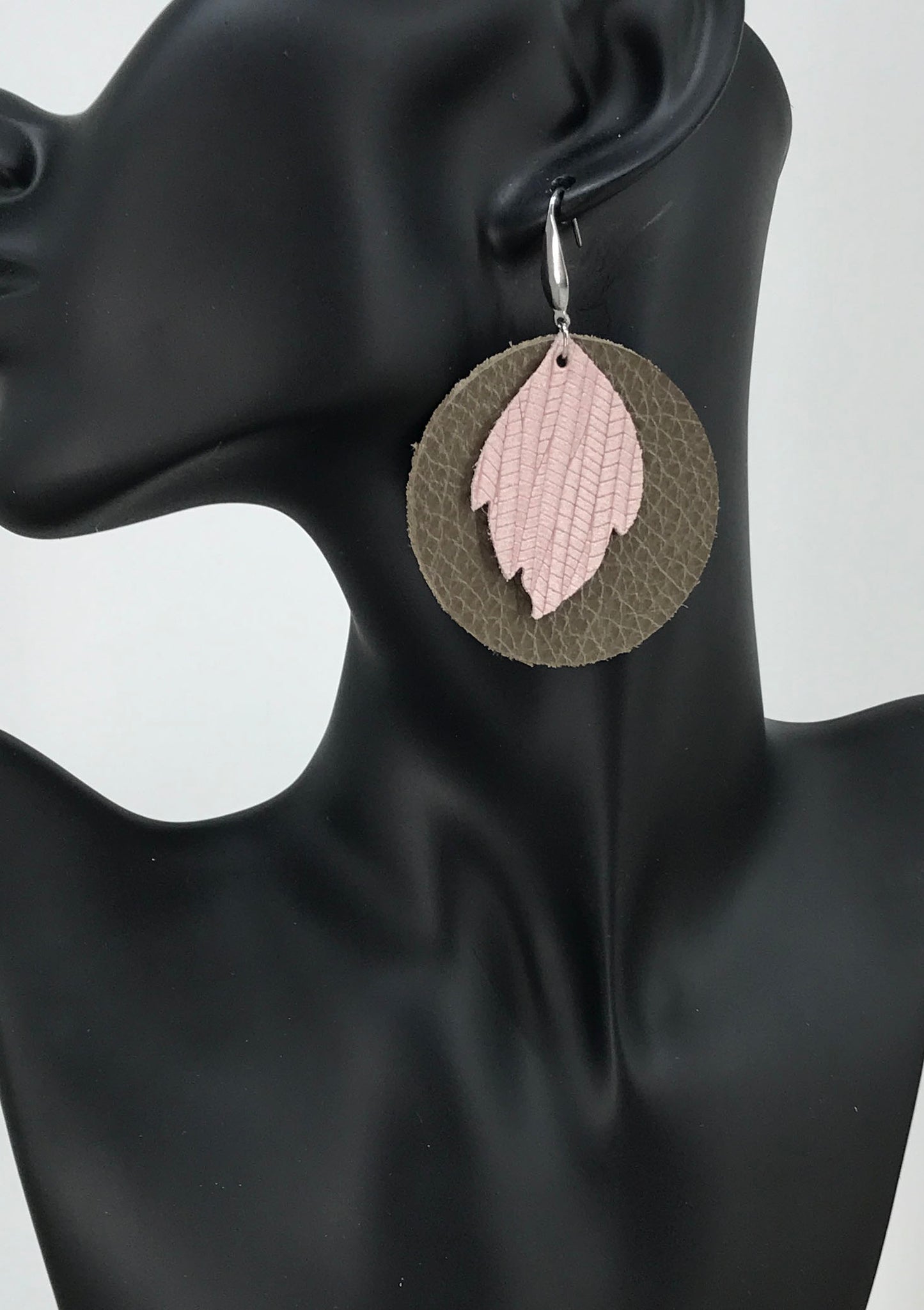 Pewter Light Pink Layered Circle Leather Earrings