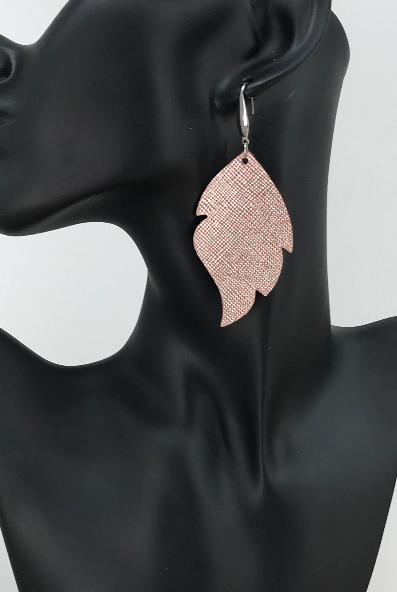 Rose Gold Saffiano Scalloped Leaf Leather Earrings