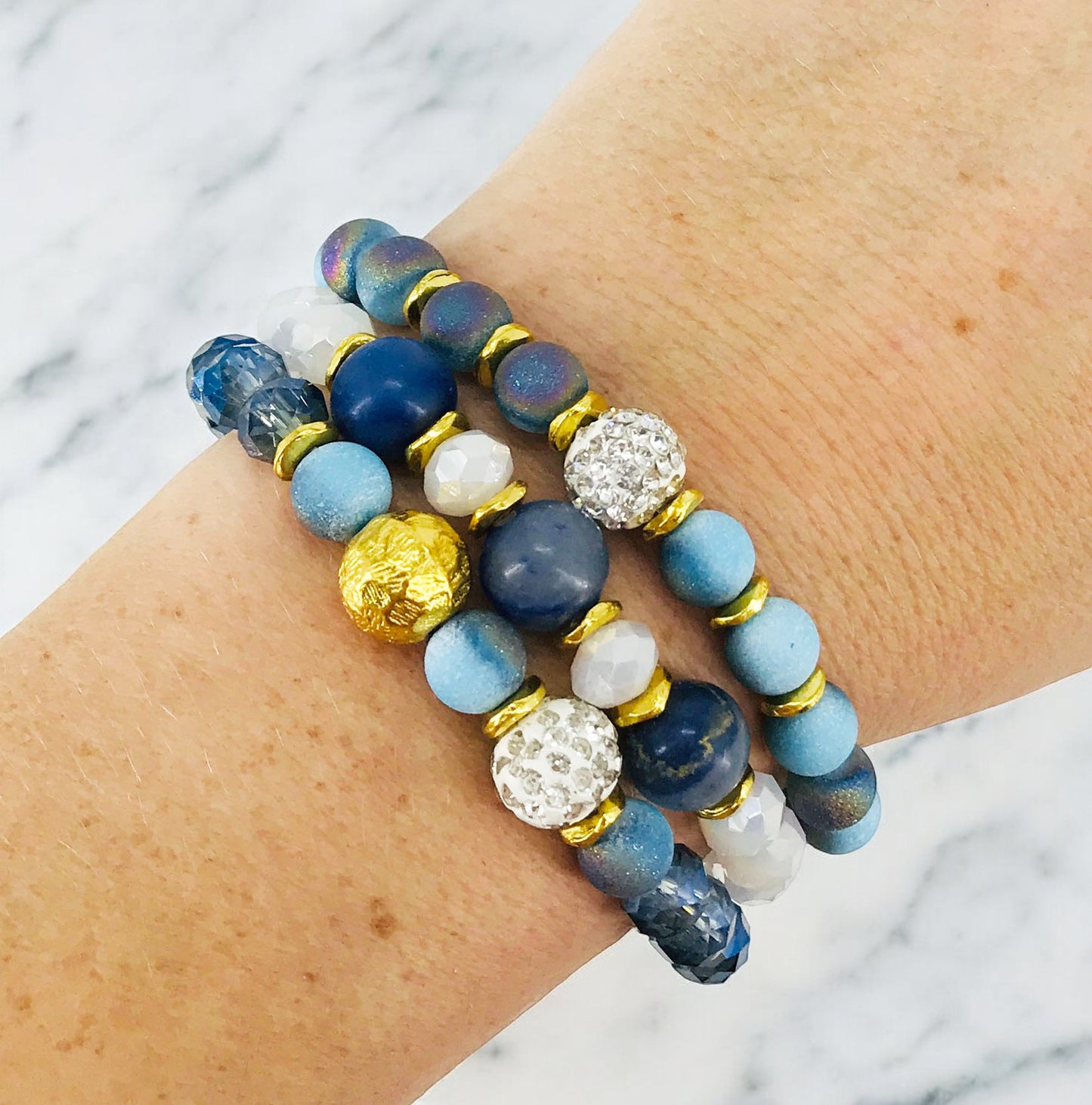 Coastal Blue Glass Bead Stack Bracelet Set