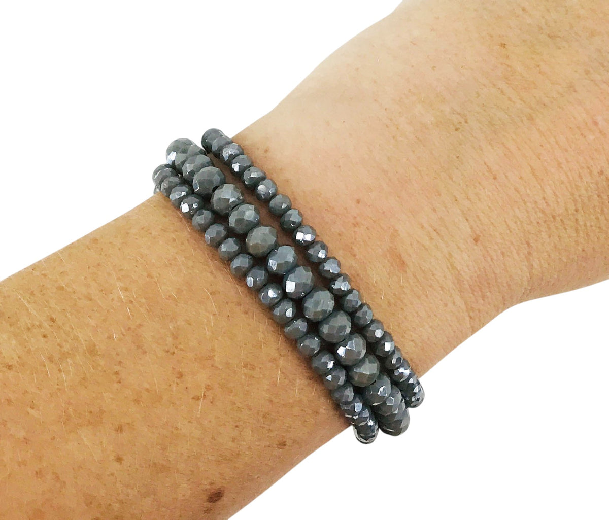Gray Glass Bead Three-Strand Stretch Bracelet