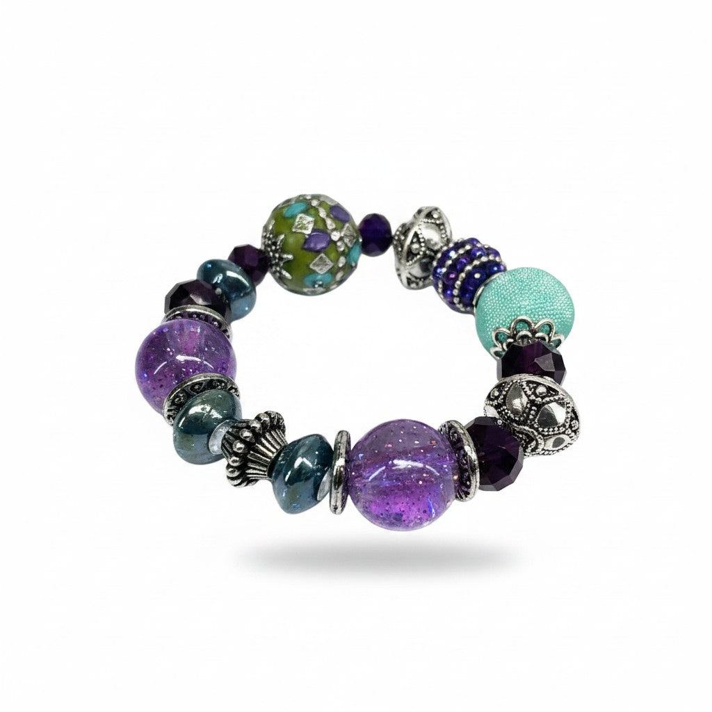 Big & Bold Amethyst Lagoon Glass Bead Stretch Bracelet