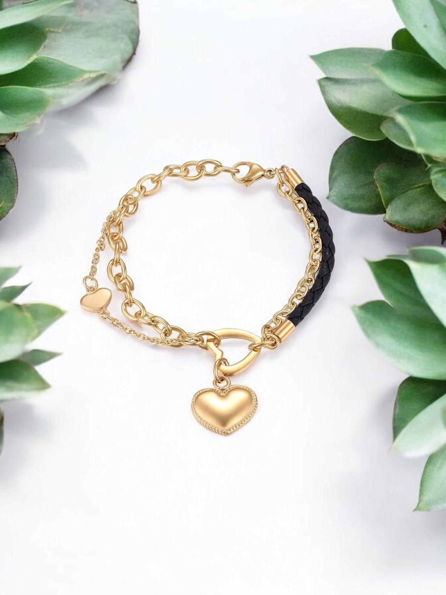 Stainless Steel & Leather Cord Charm Bracelet - B2154