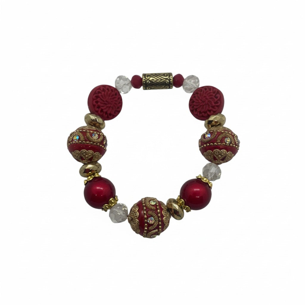 Big & Bold Crimson Bloom Glass Bead Stretch Bracelet