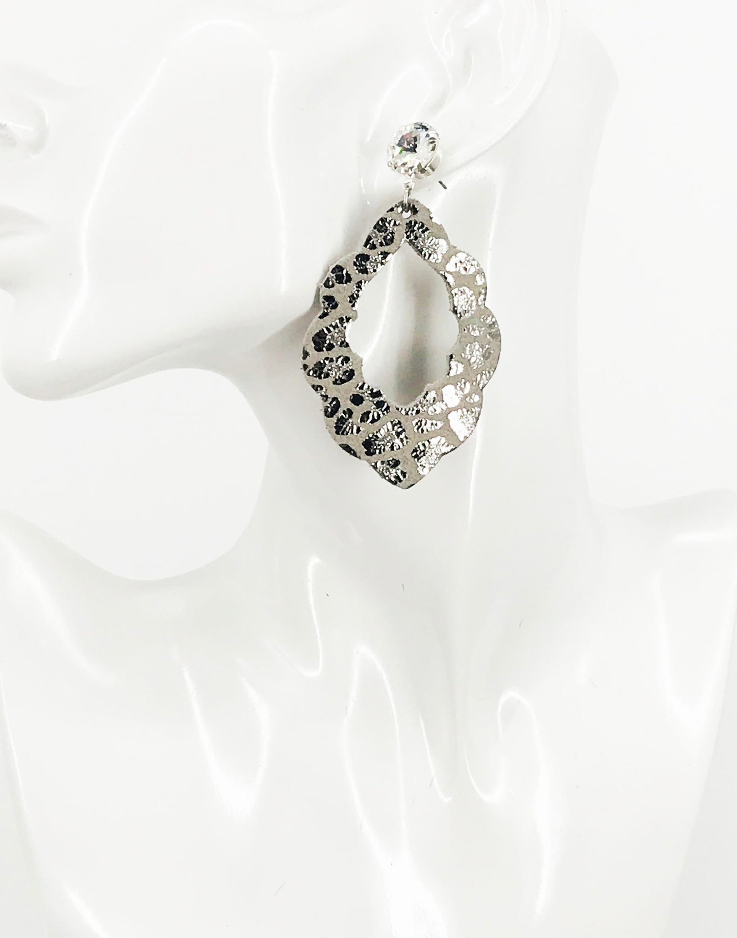 Crystal and Gray Leopard Leather Stud Earrings - E19-3525