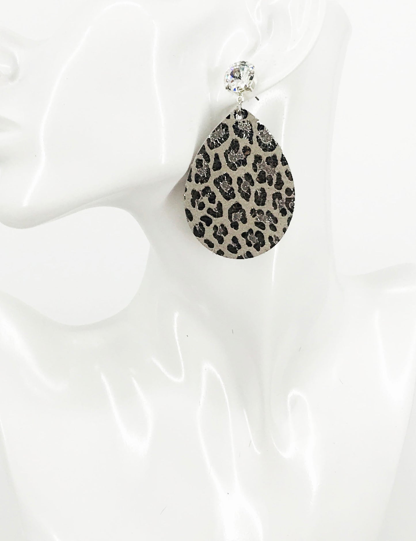 Crystal Clear & Pewter Leopard Leather Drop Earrings