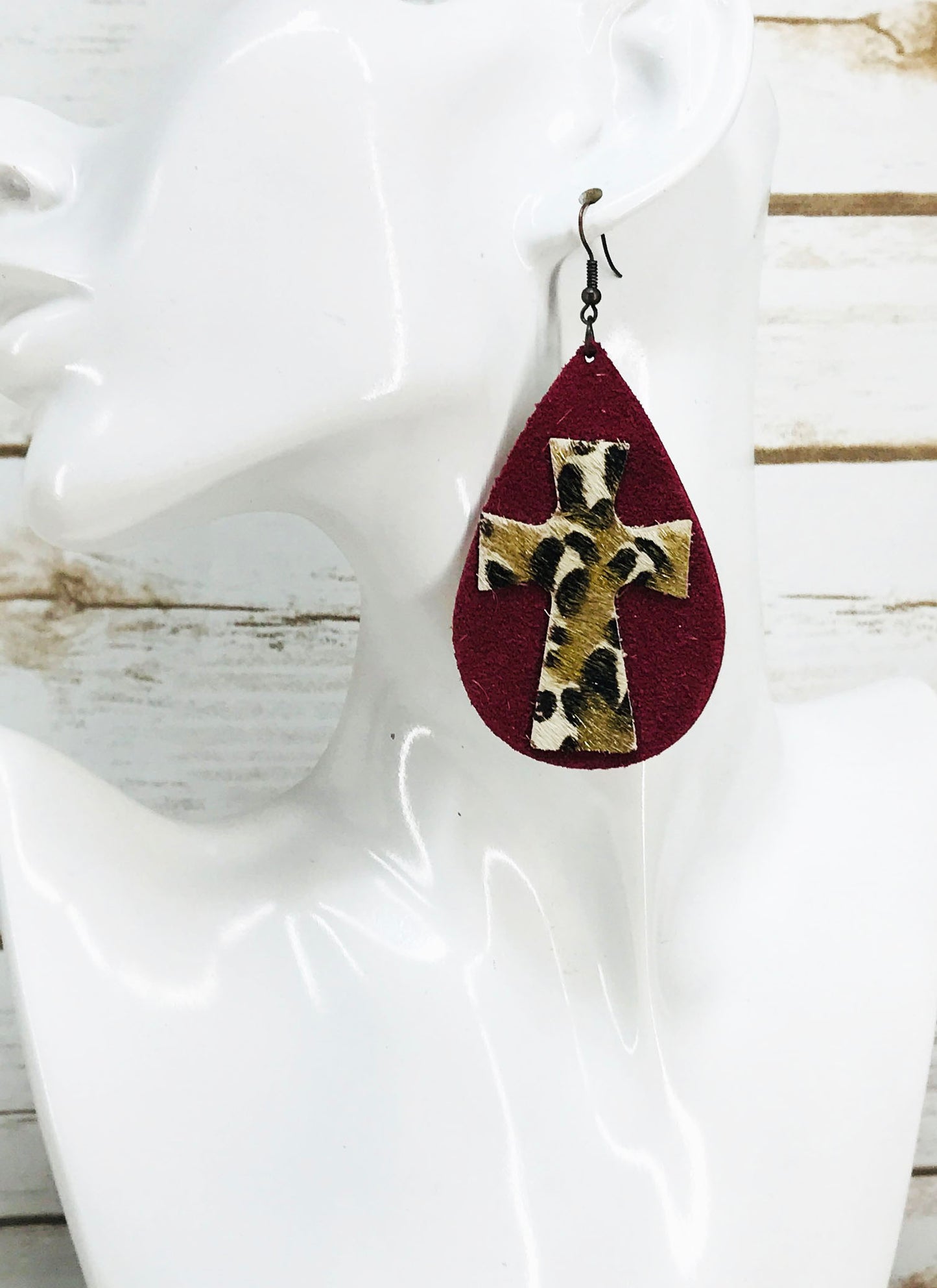Maroon Suede & Hair On Cross Leather Earrings - E19-4501