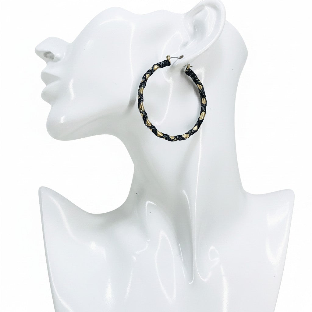 Black and Gold Leather Hoop Earrings