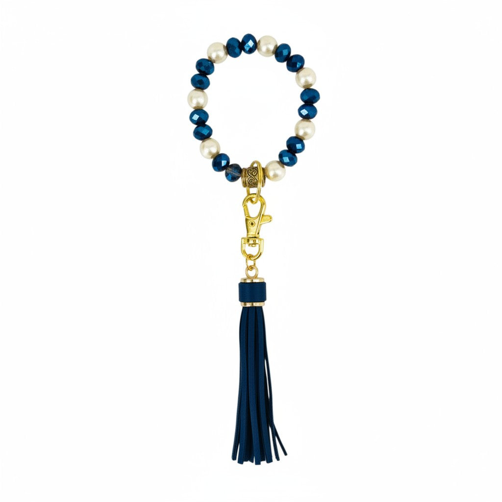 Navy Blue and Pearl Glass Bead Keychain