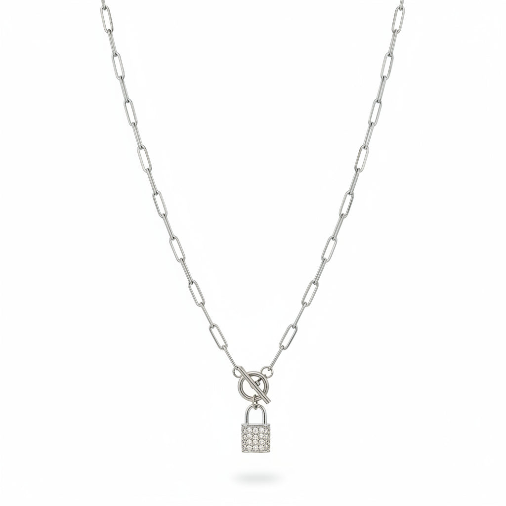 Silver Paperclip Chain Necklace with Pave Lock Pendant