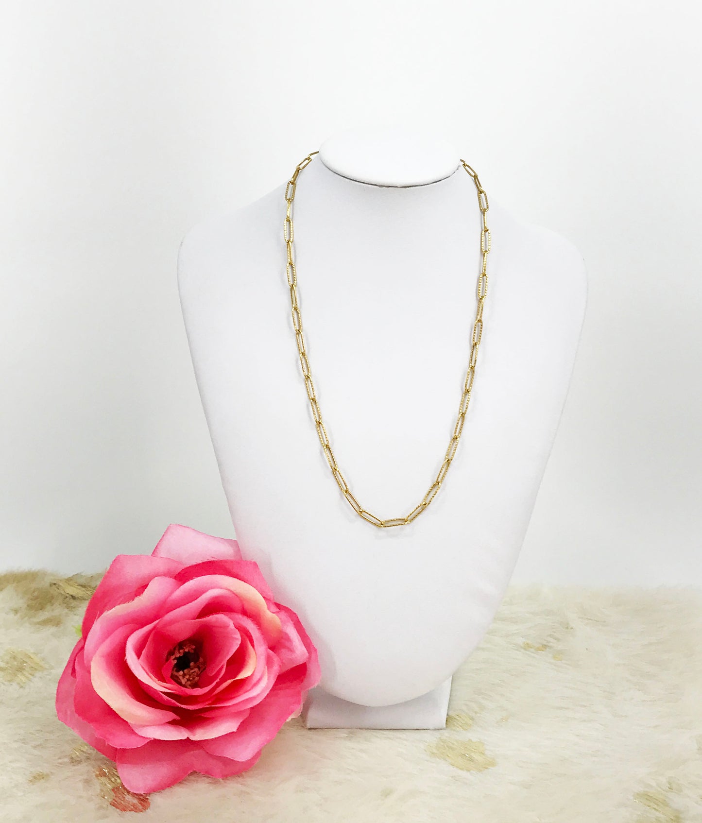 Stainless Steel Textured Paperclip Chain Necklace - N764