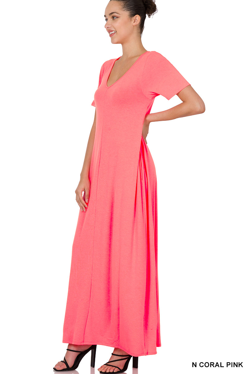 Coral Pink Short Sleeve Maxi Dress - C207 Small Coral Pink Short Sleeve Maxi Dress - C207 Small