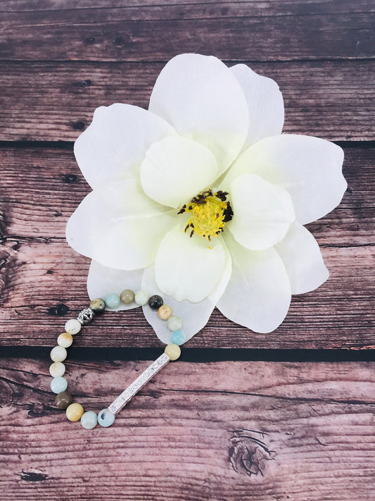 Amazonite Gemstone and Rhinestone Stretchy Bracelet - B1522