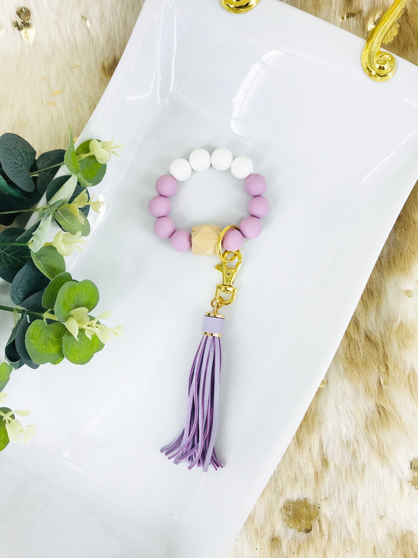 Wood and Silicon Bead Bracelet Keychain - K168