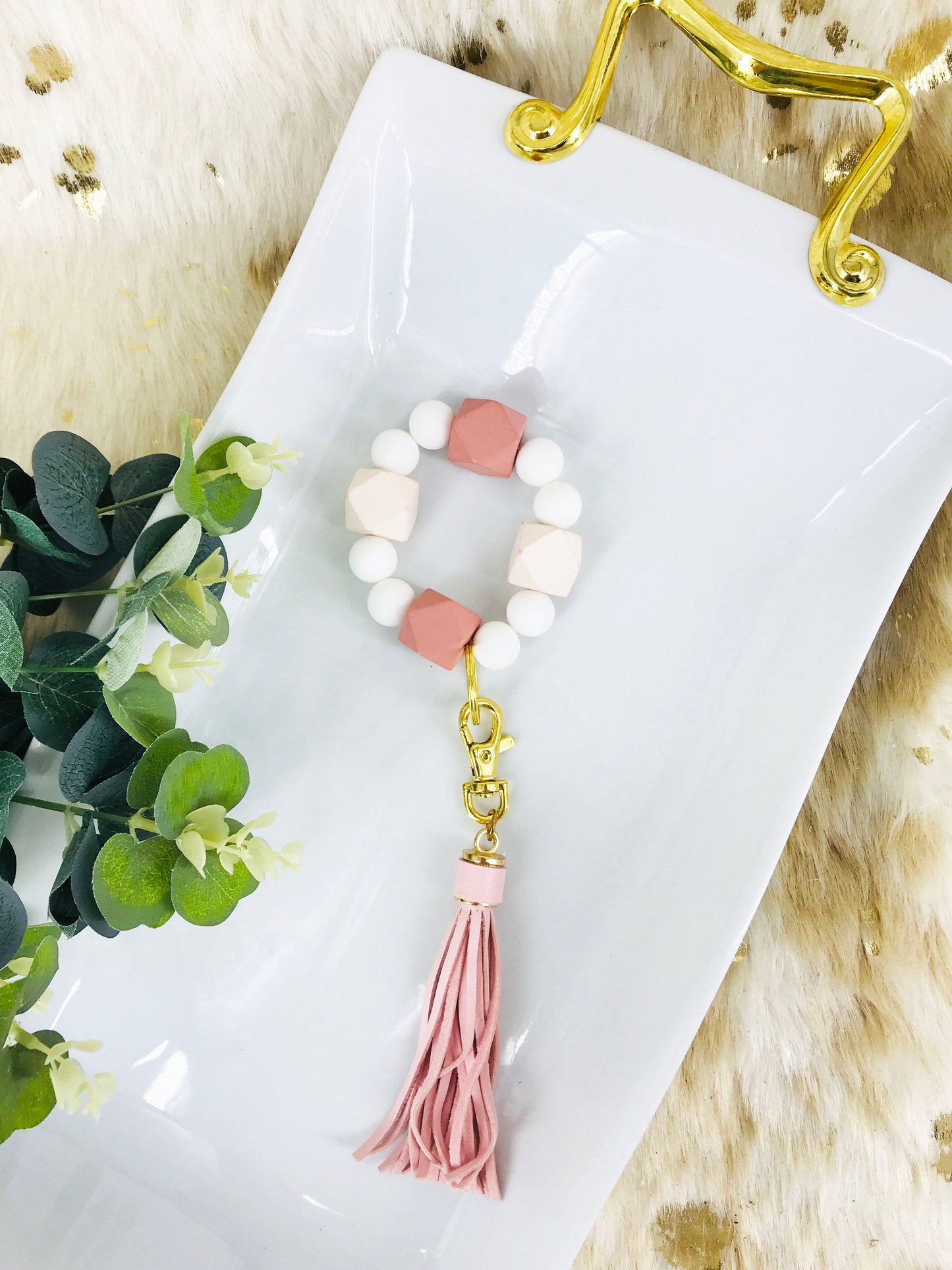 Wood and Silicon Bead Bracelet Keychain - K186